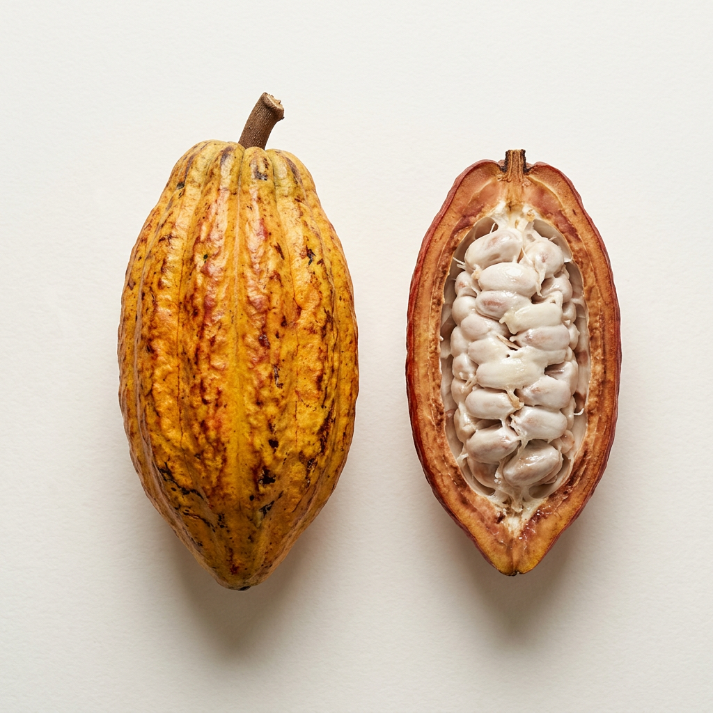 Immagine illustrativa del frutto del cacao intero e aperto