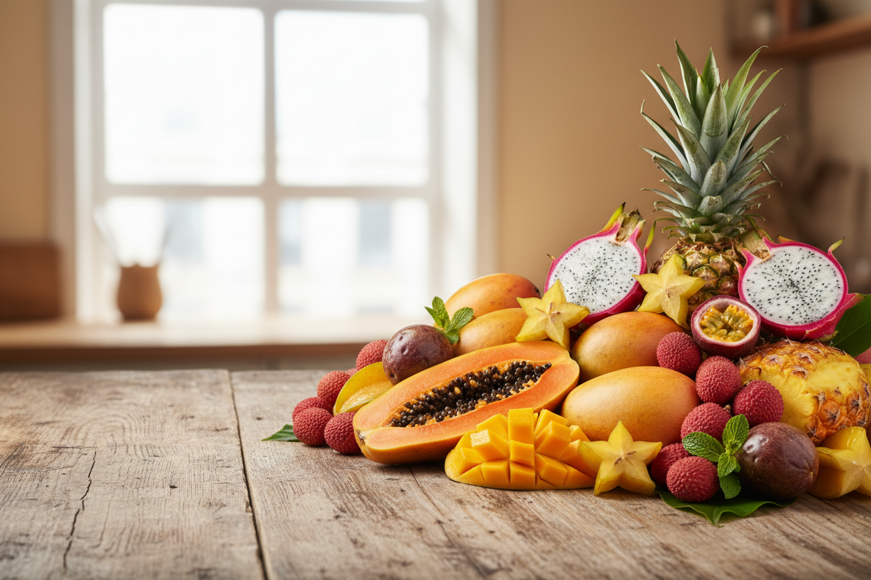 Frutta esotica mista su tavolo