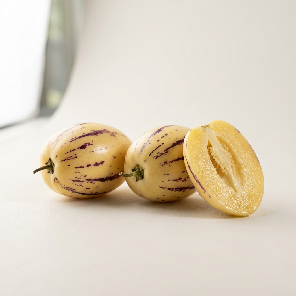 Immagine illustrativa di pepino intero e tagliato su sfondo chiaro
